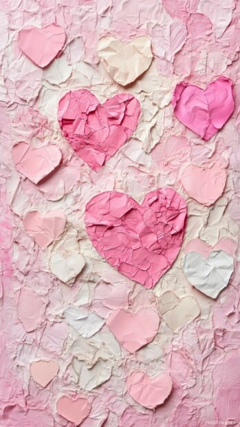 Abstract Valentines Wallpaper with torn paper hearts, soft pastel shades, and text snippets of love quotes.