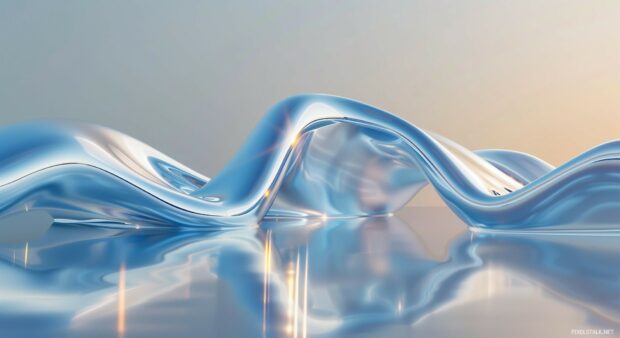 Abstract cool 3D waves crashing against a transparent glass surface.