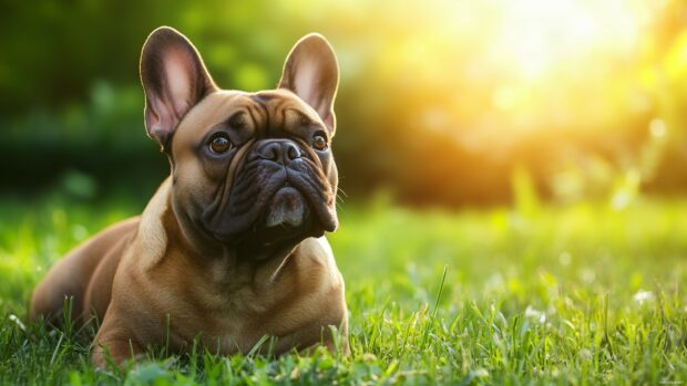 Adorable French Bulldog playing in a park with a bright and sunny backdrop.