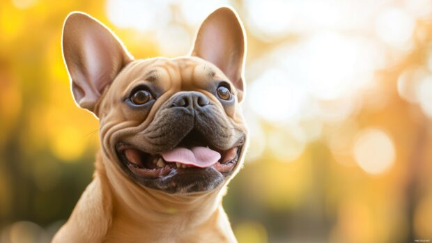 Adorable French Bulldog playing in a park with a bright and sunny backdrop.