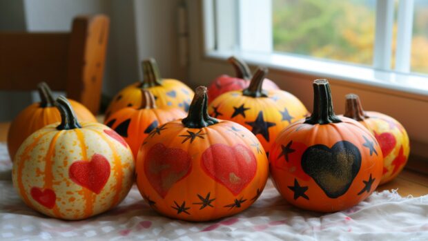 Adorable Halloween pumpkins decorated with hearts and stars, Fall Halloween 4K wallpaper.