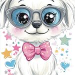 Adorable cartoon dog wallpaper for mobile with big sparkling eyes, a tiny pink nose, and fluffy ears, wearing a little bowtie and surrounded by colorful stars and hearts.