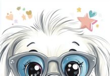 Adorable cartoon dog wallpaper for mobile with big sparkling eyes, a tiny pink nose, and fluffy ears, wearing a little bowtie and surrounded by colorful stars and hearts.