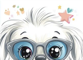 Adorable cartoon dog wallpaper for mobile with big sparkling eyes, a tiny pink nose, and fluffy ears, wearing a little bowtie and surrounded by colorful stars and hearts.