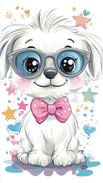 Adorable cartoon dog wallpaper for mobile with big sparkling eyes, a tiny pink nose, and fluffy ears, wearing a little bowtie and surrounded by colorful stars and hearts.