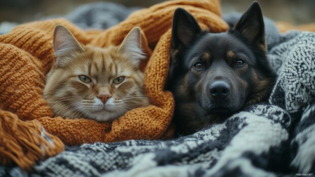 Adorable cat and dog cuddling together, surrounded by soft pillows and blankets.