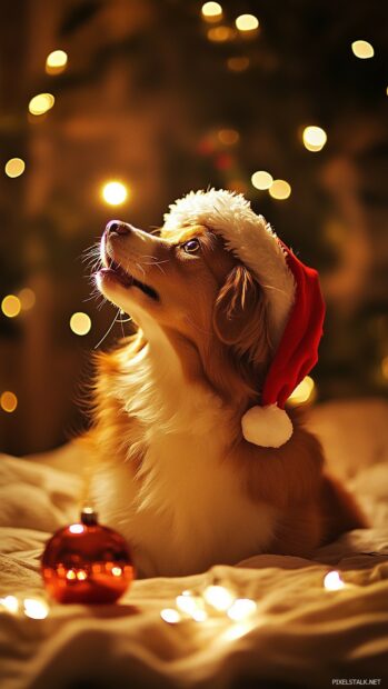 Adorable dog with a Santa hat, playing with a Christmas ornament.