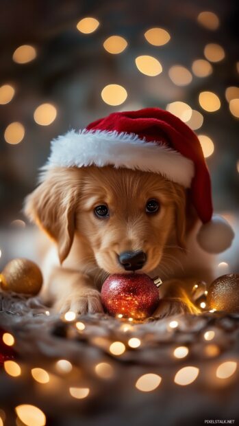 Adorable dog with a Santa hat, playing with a Christmas ornament, surrounded by twinkling lights and decorations.