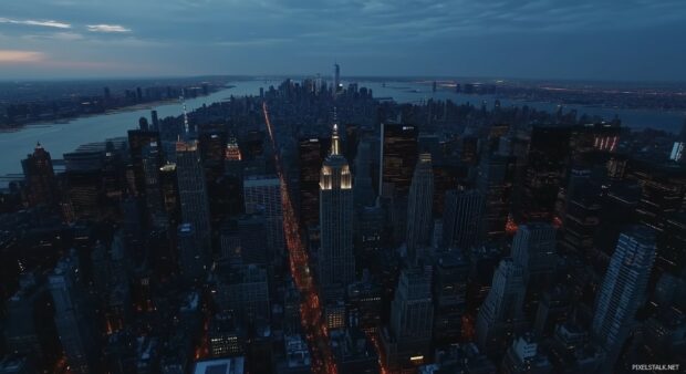 Aerial view of New York City skyline at dusk, with the Empire State Building in the center.