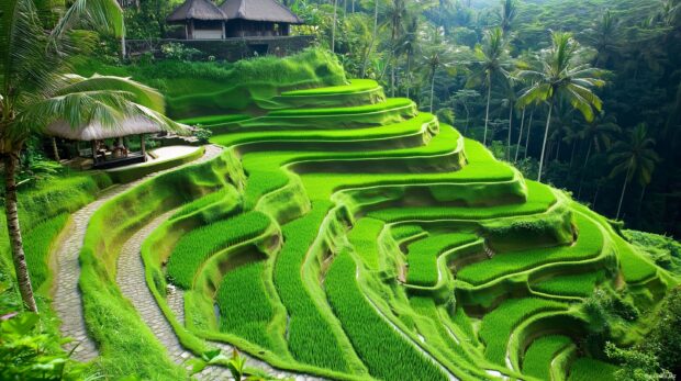 Aerial view of lush green rice terraces winding through a hillside, capturing the patterns and textures of nature.