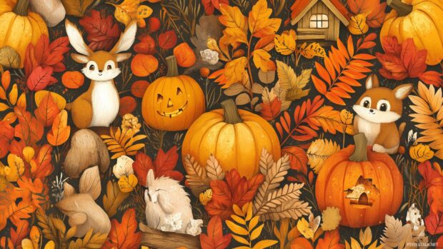 Aesthetic Autumn wallpaper with adorable pumpkins, cute woodland creatures, and tiny cozy cabins surrounded by autumn foliage.