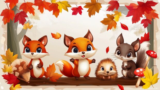 Aesthetic Autumn wallpaper with adorable woodland animals like foxes, squirrels, and hedgehogs, surrounded by colorful autumn leaves and mushrooms.