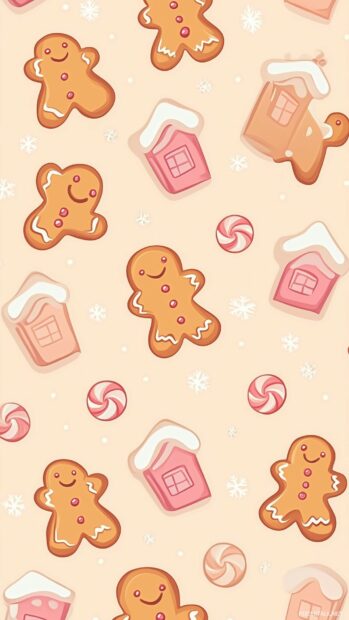 Aesthetic Christmas Background with gingerbread men, candy canes, and snow covered houses.