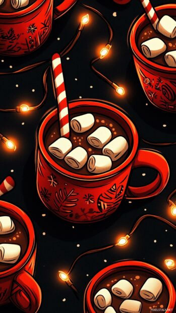 Aesthetic Christmas iPhone Wallpaper of holiday mugs filled with hot cocoa, marshmallows, and candy canes.