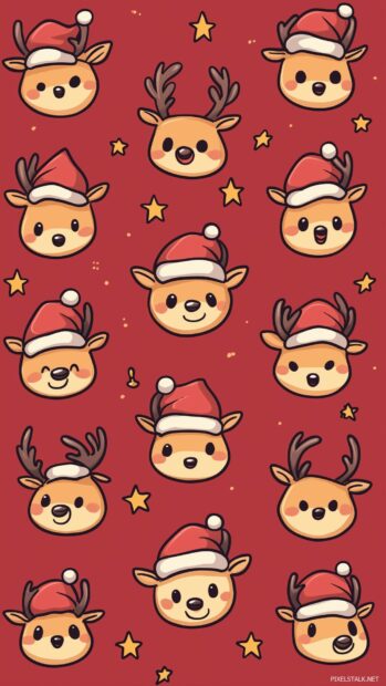 Aesthetic Christmas iPhone Wallpaper with a cute reindeer faces with tiny Santa hats.