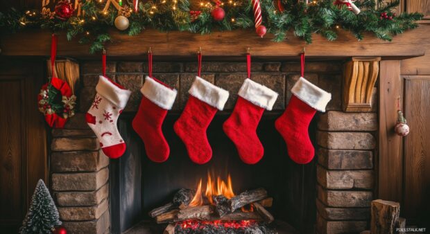 Aesthetic Christmas stockings hanging on a beautifully decorated fireplace.