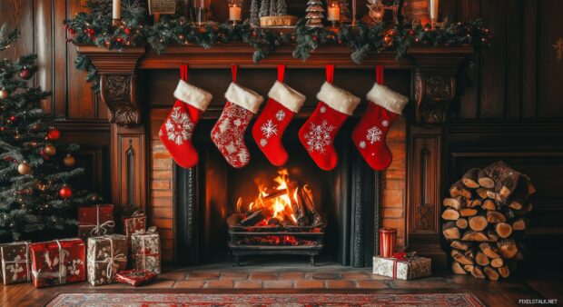 Aesthetic Christmas stockings hanging on a beautifully decorated fireplace.