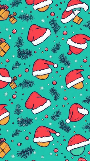 Aesthetic Christmas wallpaper of Santa Claus hats, mistletoe, and tiny wrapped presents.