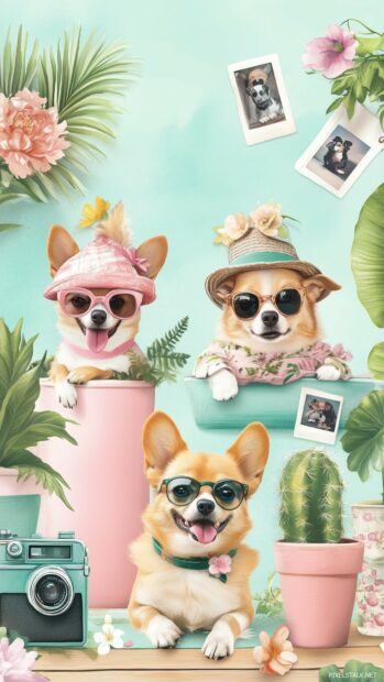 Aesthetic Dog Wallpaper featuring dogs in aesthetic outfits, surrounded by items like polaroid photos, vintage cameras, and potted plants.