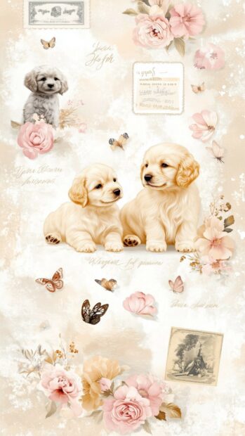 Aesthetic Dog Wallpaper with flowers, butterflies, and vintage postcards.