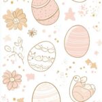 Aesthetic Easter eggs and spring flowers in soft pastel shades, with a simple and modern vector line art style.