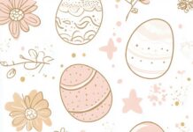 Aesthetic Easter eggs and spring flowers in soft pastel shades, with a simple and modern vector line art style.