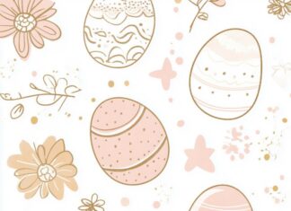 Aesthetic Easter eggs and spring flowers in soft pastel shades, with a simple and modern vector line art style.