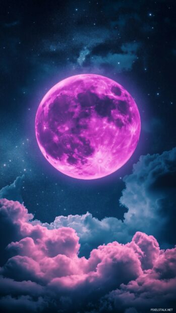 Aesthetic Moon HD Wallpaper with a glowing purple moon framed by thin, wispy clouds, set against a smooth, starry sky with subtle lighting.