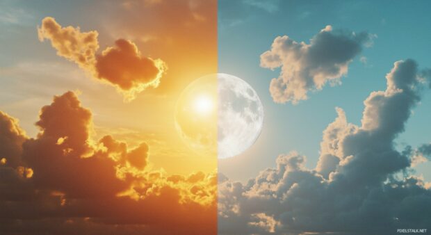 Aesthetic Moon Wallpaper HD with the sun illuminating one half of the sky and the moon glowing softly on the other half.