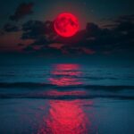 Aesthetic Moon Wallpaper with a mesmerizing red moon hanging low in the night sky over a tranquil beach.