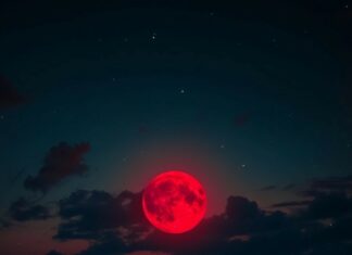 Aesthetic Moon Wallpaper with a mesmerizing red moon hanging low in the night sky over a tranquil beach.