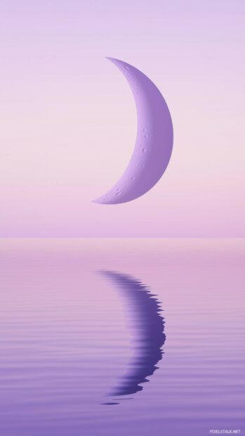 Aesthetic Moon Wallpaper with a soft purple moon against a clear, gradient night sky, with a simple reflection of the moon on a calm body of water below.