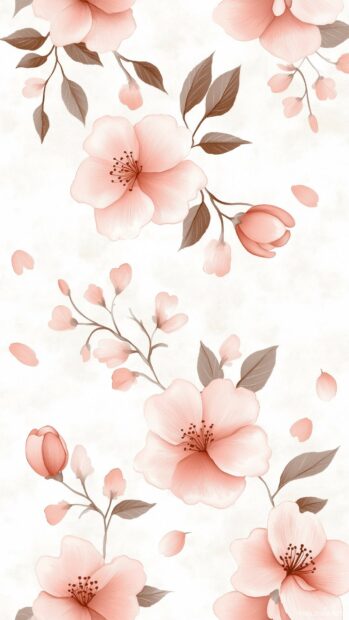 Aesthetic Spring Wallpaper of cherry blossoms and falling petals on a white background.