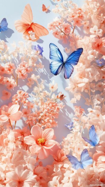 Aesthetic Spring iPhone Wallpaper features gardens, flowers, and butterflies arranged in a polaroid frame style layout with subtle shadow effects.