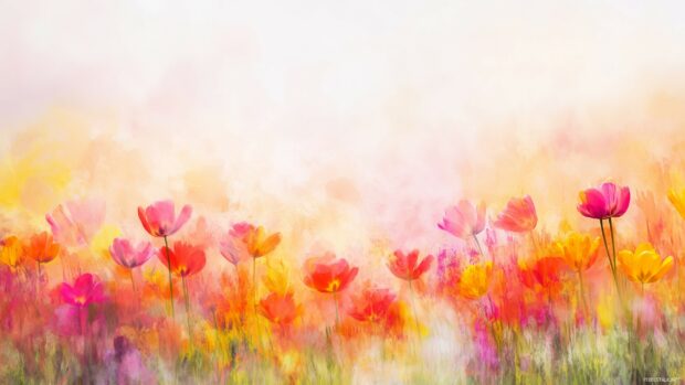 Aesthetic Spring wallpaper with A field of colorful tulips in soft focus, with a bright sky fading into a clean.