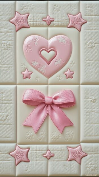 Aesthetic Valentine Wallpaper with delicate pink ribbons, hearts, and stars on a cream background.