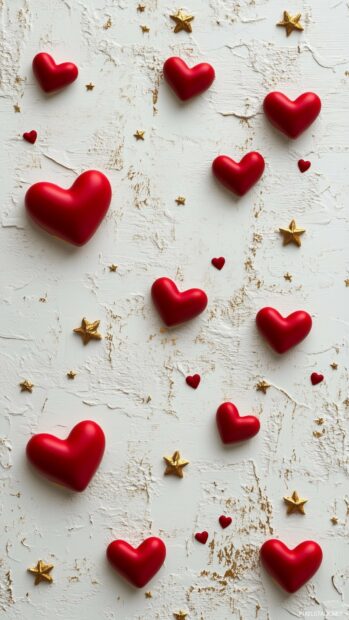 Aesthetic Valentine wallpaper of tiny red hearts, stars, and minimalist golden accents on a white background.