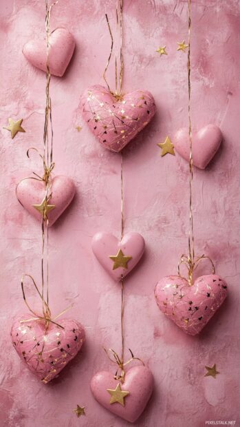 Aesthetic Valentine wallpaper with a romantic pink hearts and gold stars on a soft blush pink background.