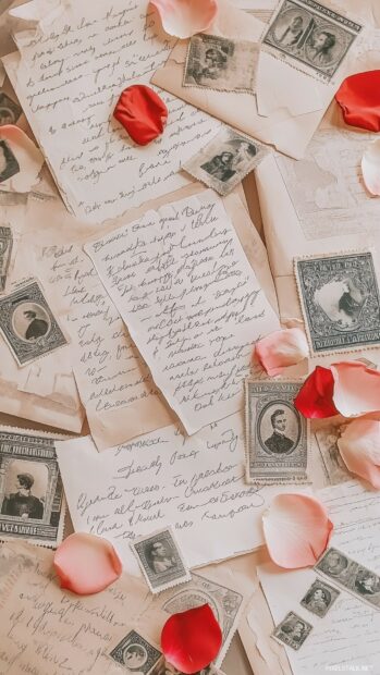 Aesthetic Valentine wallpaper with collage of handwritten love letters, rose petals, and vintage postage stamps.