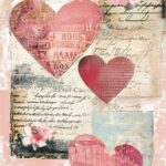 Aesthetic Valentine wallpaper with collage of vintage postcards, hand drawn hearts, and soft, faded floral patterns on a muted pink background.