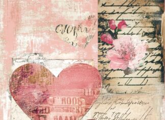 Aesthetic Valentine wallpaper with collage of vintage postcards, hand drawn hearts, and soft, faded floral patterns on a muted pink background.