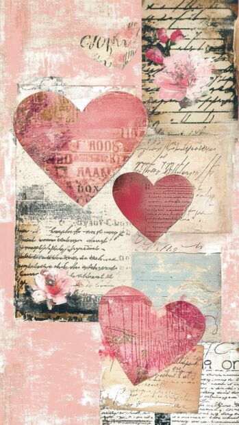 Aesthetic Valentine wallpaper with collage of vintage postcards, hand drawn hearts, and soft, faded floral patterns on a muted pink background.