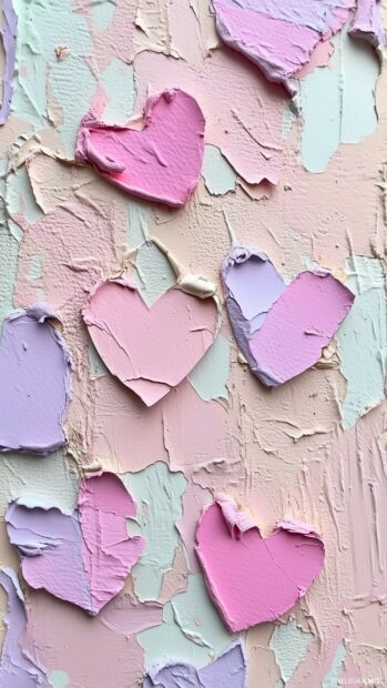 Aesthetic Valentines iPhone Wallpaper with torn paper hearts, soft pastel shades, and text snippets of love quotes.