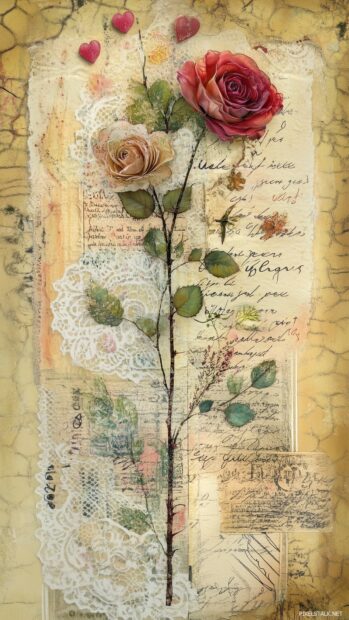 Aesthetic Valentine's postcards, lace, and pressed roses, layered softly over a warm background.