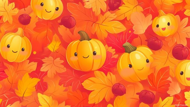 Aesthetic autumn leaves in warm shades of orange, red, and yellow, mixed with tiny smiling acorns and pumpkins.