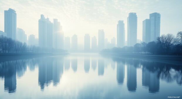 Aesthetic city view with gentle lighting, contemporary architecture, and a calm, reflective river enhancing the tranquil aesthetic.