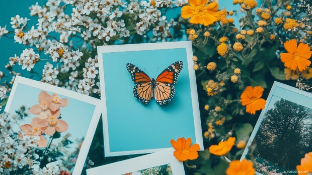 Aesthetic collage of spring themed images including butterflies, flower gardens, clear blue skies.