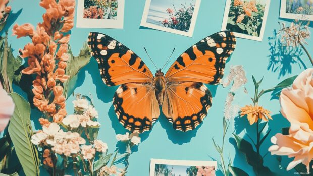 Aesthetic collage of spring themed wallpaper including butterflies, flower gardens, clear blue skies, and vintage style polaroid frames arranged in a scrapbook layout.