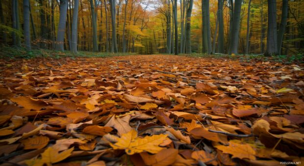 Aesthetic desktop wallpaper with a carpet of fallen leaves.