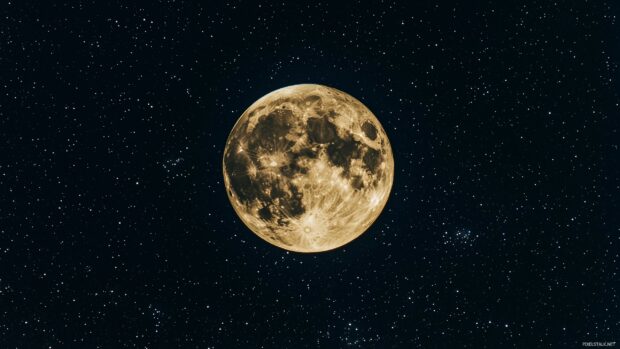 Aesthetic full moon with soft details, subtly glowing amidst clean lines of distant stars and a simple night sky in muted tones.